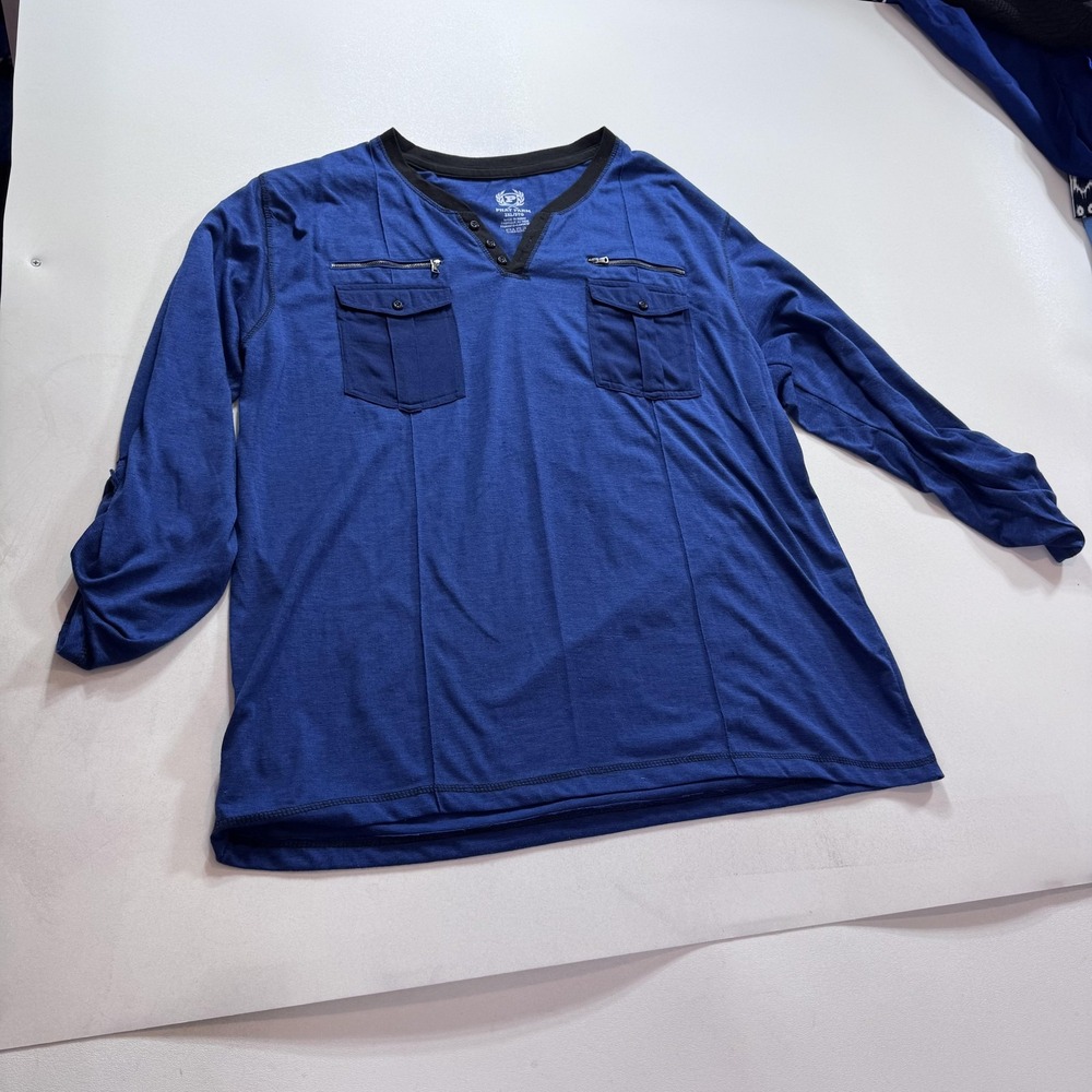 Phat Farm Shirt Mens 3XL Blue Long Sleeve Henley Zip Chest Pockets Jersey Knit